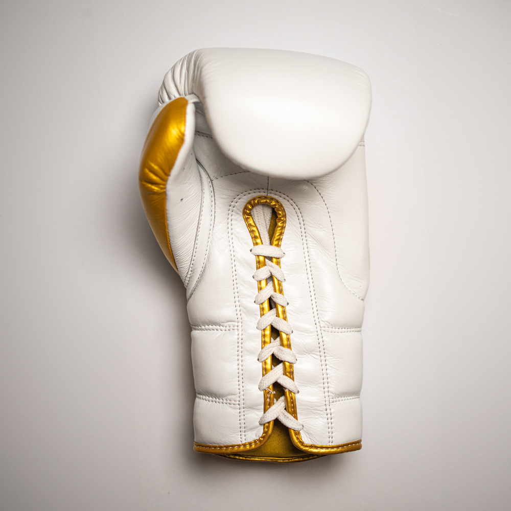 Boxing gloves with laces.