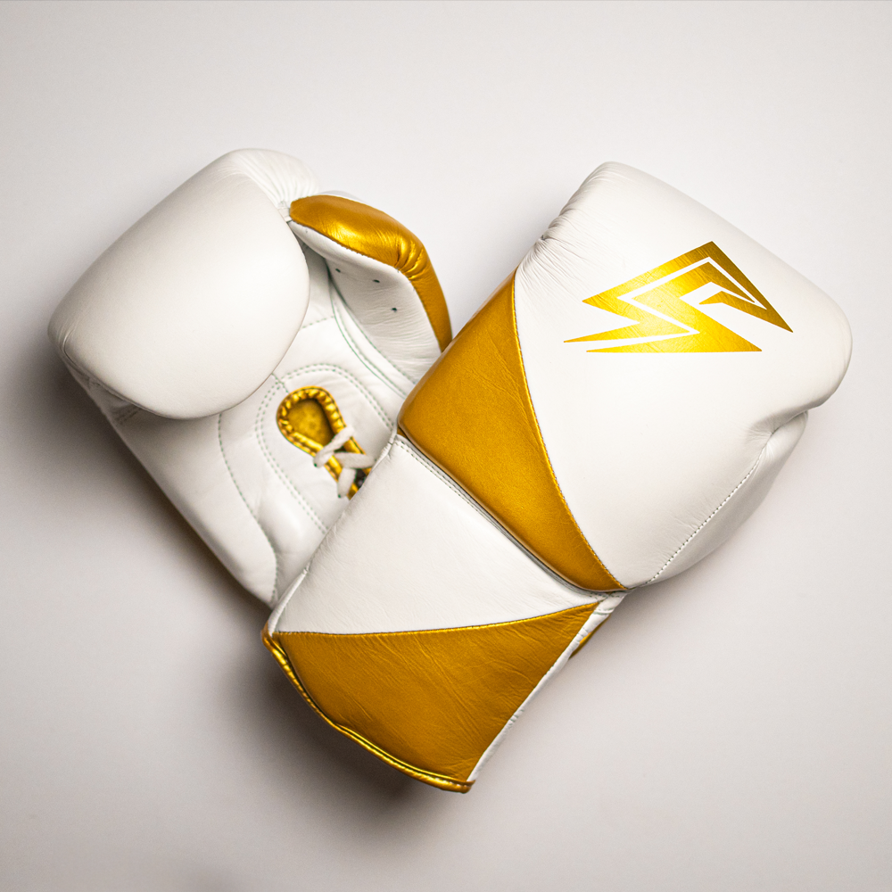 Boxing gloves with laces.