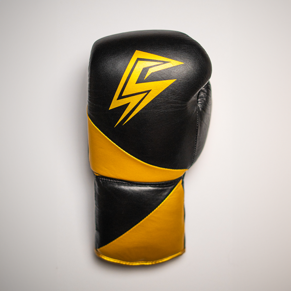 Boxing gloves with laces.