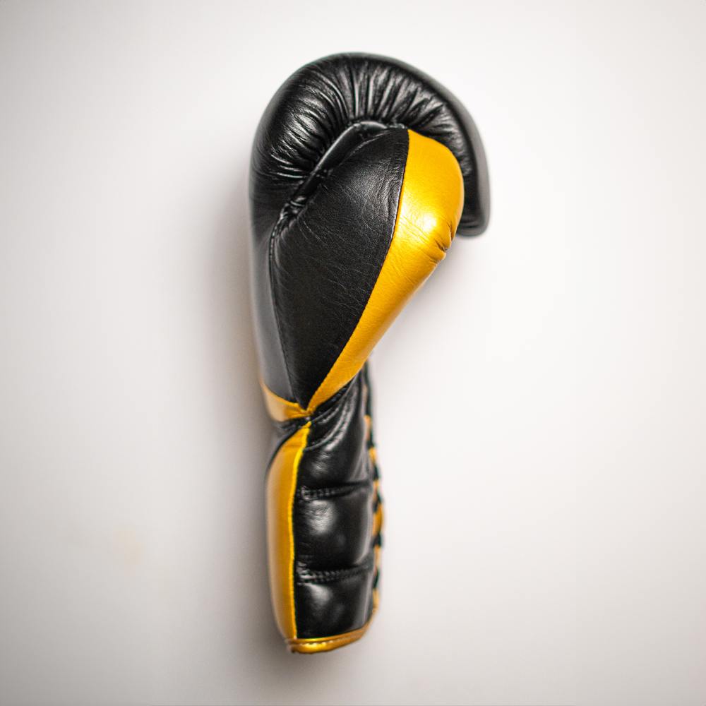Boxing gloves with laces.